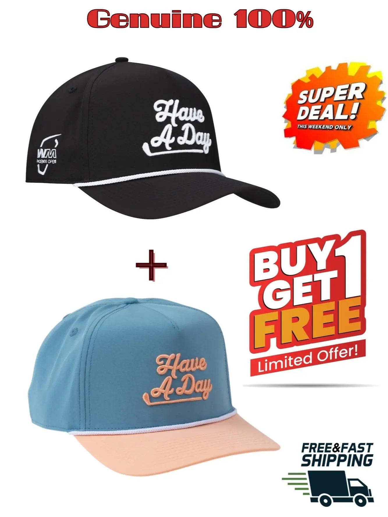 Super Deal 2-in-1 – Men's Breezy Golf Black WM Phoenix Open “Have A Day” Rope Adjustable Hat + Blue & Orange Summer Golf Cap | Limited Edition 2-Pack | Breezy Feel-Good Street & Golf Style Combo – Buy 1 Get 1 Free