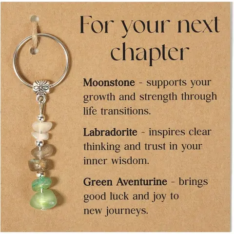 Artisanal Handmade Genuine Crystal Stone Keychain - 2.43"x0.78" (2 to 2.9 in), Moonstone/Labradorite/Green Aventurine Key Charms, Unisex Fashion Costume Jewelry, Auspicious Milestone New-Beginning Gift