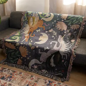 Two Unicorns Pattern Bohemian Yarn Jacquard Woven Throw Blanket with Tassel, Thick Soft Washable Blanket, Figure Print Blanket, Used for Home Decor Sofa Chair Bed Tapestry Tablecloth Floor Garden Picnic Outdoor Camping