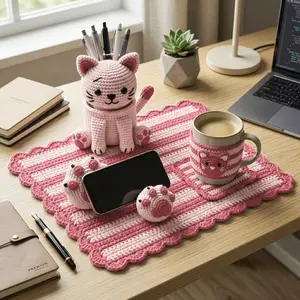Crochet Knitting Set, Cute Cat Pen Holder, Paw Phone Stand, Aesthetic Office Desk Accessories, Perfect Gift for Girls and Women