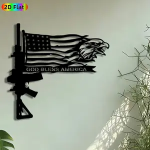 1pc American Flag with Eagle & Rifle Metal Wall Art, "God Bless America" Statue Mural, Intricate Craftsmanship, Perfect for Independence Day, Veterans Day Decor, Perfect for Man Cave Garage Patio Wall Decor, Ideal Gift for Patriotic Decor Enthusiasts.