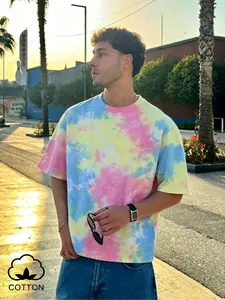 Men's Macaron Color Tie-Dye Pure Cotton Loose Round Neck T-Shirt, Streetwear, Comfortable Casual Wear, Perfect for Daily Use, Stylish and Trendy Design