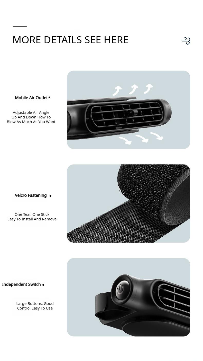 Portable fan for children in the back seat; USB-rechargeable neck-cooling fan featuring 3-speed adjustment and an air vent clip design; compatible with all vehicle models as well as home and office chairs.
