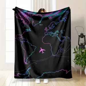 Neon World Map Flannel Blanket, Vibrant Glowing Earth Outline With Airplane Travel Print, Super Soft Lightweight Breathable Cozy Warm Throw, Ideal For Bedroom Couch Travel, Unique Housewarming Gift For Travelers, Living Space Decor