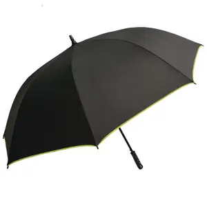 Large Black Umbrella with Green Trim - Polyester, Water-Resistant, 8-Rib, Long Handle, Push-Button Automatic Open, for Rain, Sun