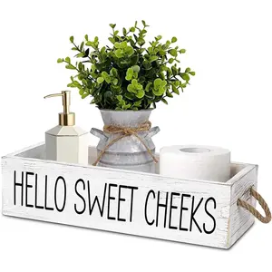 Bathroom Organizer Box, Farmhouse Bathroom Decor with 2-Sided Print, Rustic White Wooden Storage Holder for Toilet Tank, Half Bath Counter Accessories Organizer