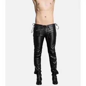 Men’s Slim Black Leather Trousers Pants with Side Laced