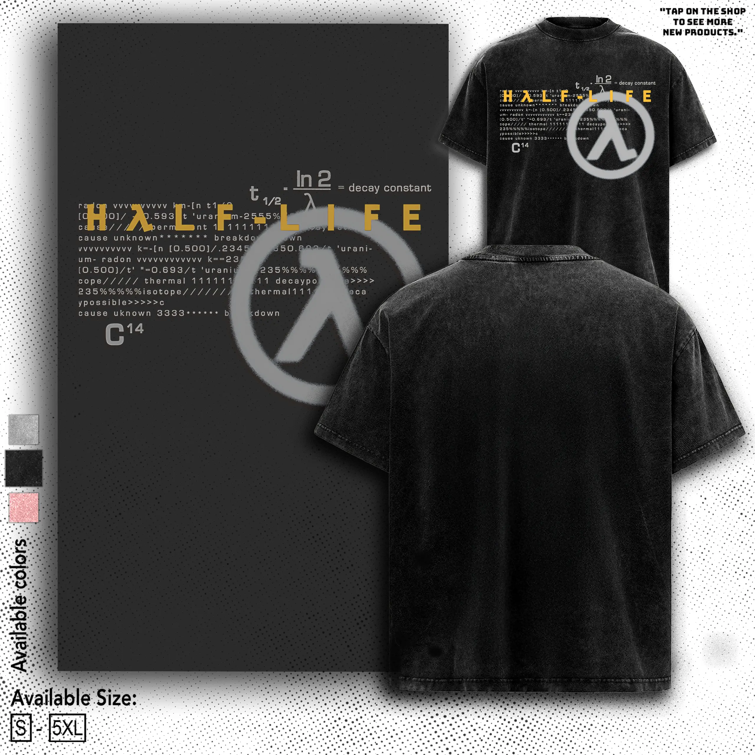 Half-life Washed Unisex Graphic Tees, Casual Crewneck Short Sleeve Washed Tshirt 2 Sided Cotton unisex graphic tees gamer merch, Black Cotton Tee