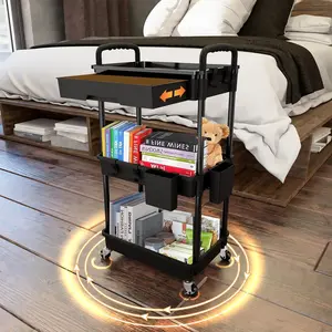 3 Tier Rolling Utility Cart with Drawer,Utility Cart Made of Multifunctional Storage Organizer Tool for Kitchen,Bathroom,Living Room,Office(Black)