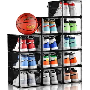 12 Pack Large Shoe Box, Clear Shoe Organizer with Door, Stackable,Shoe Containers For Display Sneakers, Easy Assembly, Fit up to US Size 12, Transparent