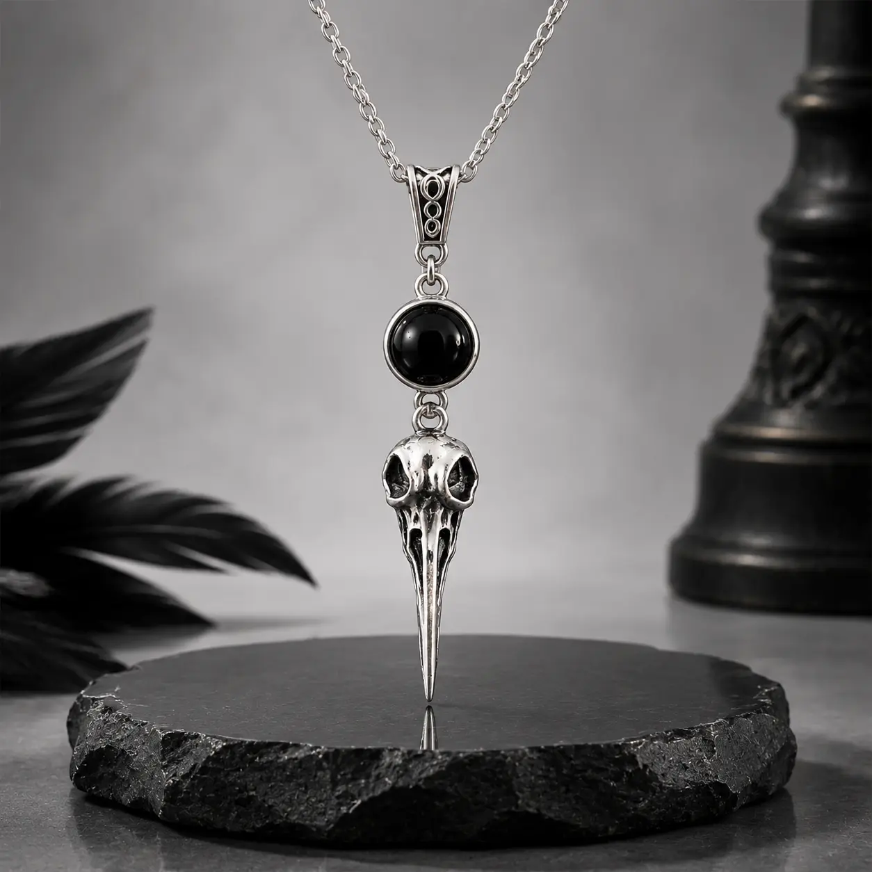 Gothic Necklaces for Unisex - 925 Crow Skull Charm Stainless Steel Jewelry with Black Agate Pendant, Dark Fantasy Necklaces,summerwins