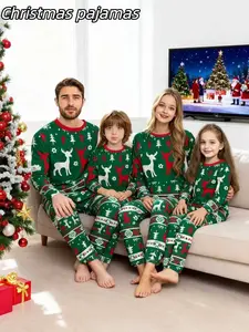 2-Piece Christmas Family Pajama Set, & Plaid Striped Long Sleeve Sleepwear, Casual Fitted Home Wear for Men Women Kids
