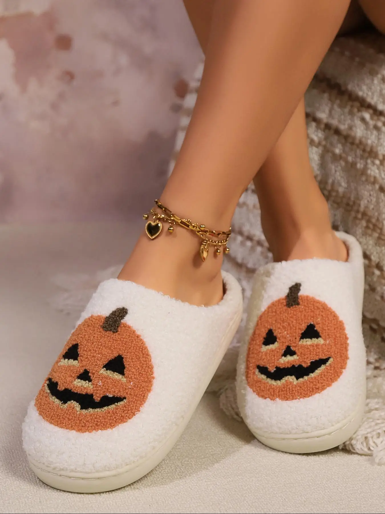 Women's Cute Pumpkin & Dog Embroidering Design Plush Slippers, Casual Soft Comfortable Home Slippers, Warm Slippers for Indoor & Outdoor Use for Fall