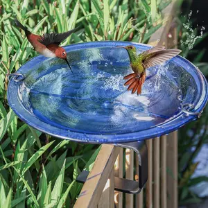 Deck Mounted Bird Bath, Glass Bird Baths Bowl  with Adjustable Sturdy Steel Clamp for Outdoor Garden Patio Lawn Yard Deck Railing Decoration, Blue