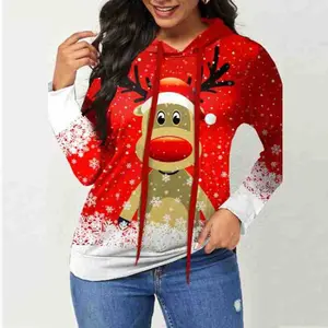 Women's Elk Print Christmas Hooded Long Sleeve Sweatshirt Womenswear Tops