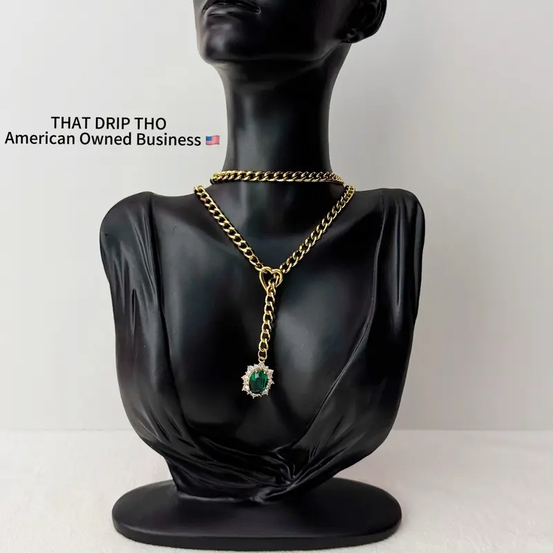 Oval Gem Slip Chain Jewelry Necklace, Adjustable Durable Thick Chain for Couples, Gf, Bf, Fashion Jewelry for Alternative Women & Men, Gothic Girl Chain Daily Collar, Altfashion Necklace with Pull Chain