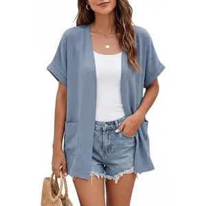 Short Sleeve Cardigan for Women Lightweight Summer with Pockets Open Front Casual Beach Cover Ups 2026 Women's Chunky Knit Batwing