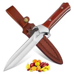 TAN REN Fixed Blade Wooden Handle Knife, Full Tang Design with Leather Sheath, Outdoor Tool for Camping, A Nice Gift Option for Men