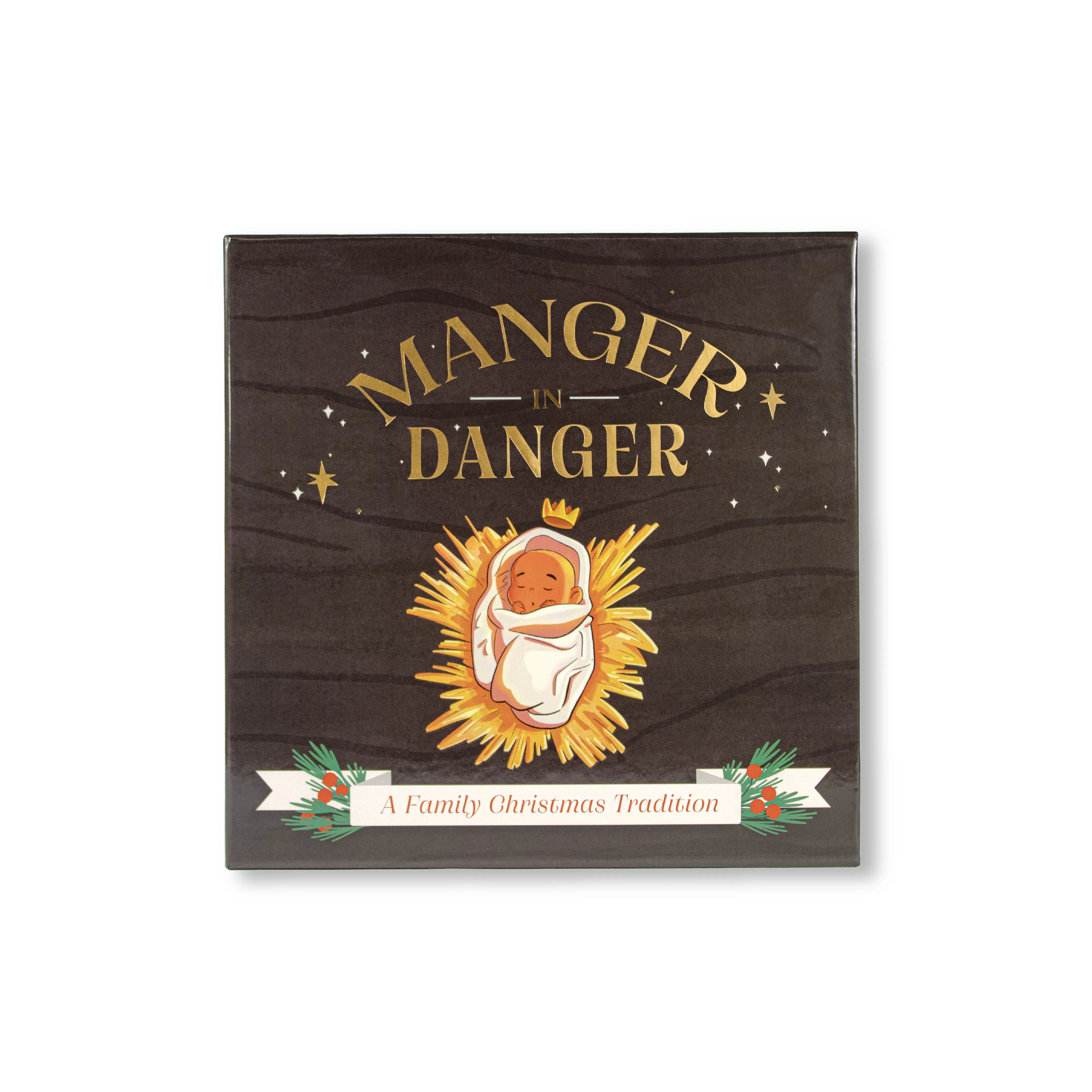 Manger in Danger 25-Day Christmas Family Devotional Set with Hardcover Book, Wooden Manger, Baby Jesus Figure & Nativity Display