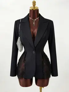 Women's Elegant Contrast Lace Patchwork Slim Fit A-Line Blazer Jacket, Long Sleeve Plain Design for All Seasons