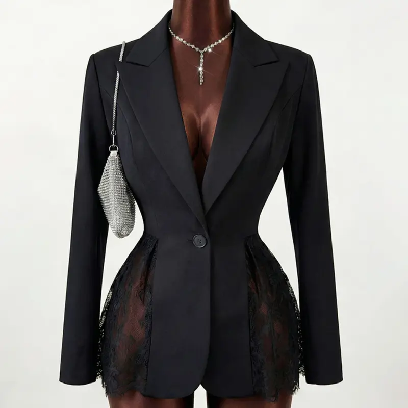 Women's Elegant Chic Contrast Lace Slim Fit A-Line Blazer, Dressy Blazer, Long Sleeve Plain Top for All Seasons