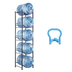 VEVOR 5 Tiers Water Jug Holder, 5 Gallon Water Bottle Holder, Single Row Water Bottle Rack for 5 Bottles, Heavy Duty Water Jug Rack for Kitchen, Office, Living Room, Black Organiser Adjustable