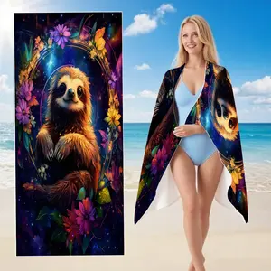 Cute Sloth & Cosmic Flowers Beach Towel | Oversized Absorbent Sand-Free Microfiber Towel | Unique Starry Sky Print for Pool, Gym, Yoga