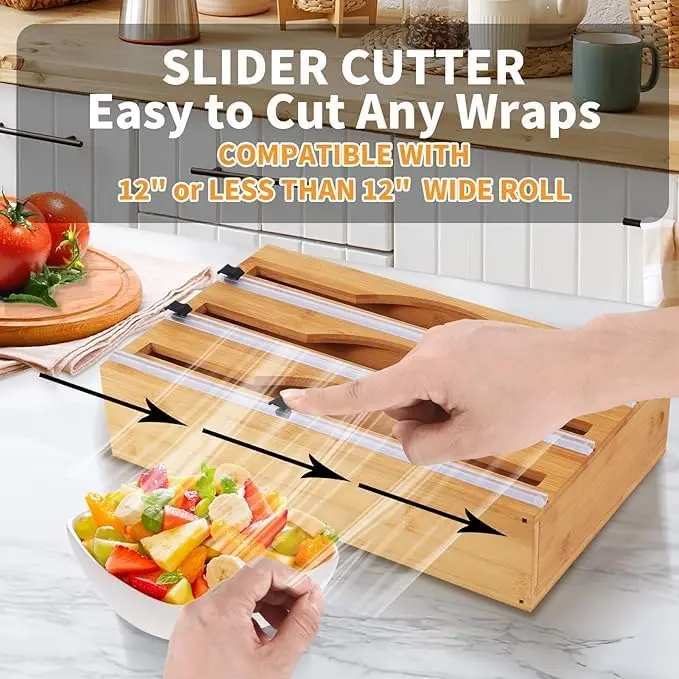 3-in-1 Bamboo Wrap Dispenser – Foil, Plastic Wrap & Garbage Bag Holder with Sliding Cutter – 3 Layers for Home Kitchen Storage Organization Holder