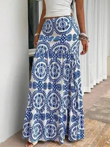 Boho Style Women's Long Dress Summer Floral Ruched High Waist A-Line Flowy Skirt, Casual Vacation Fashion