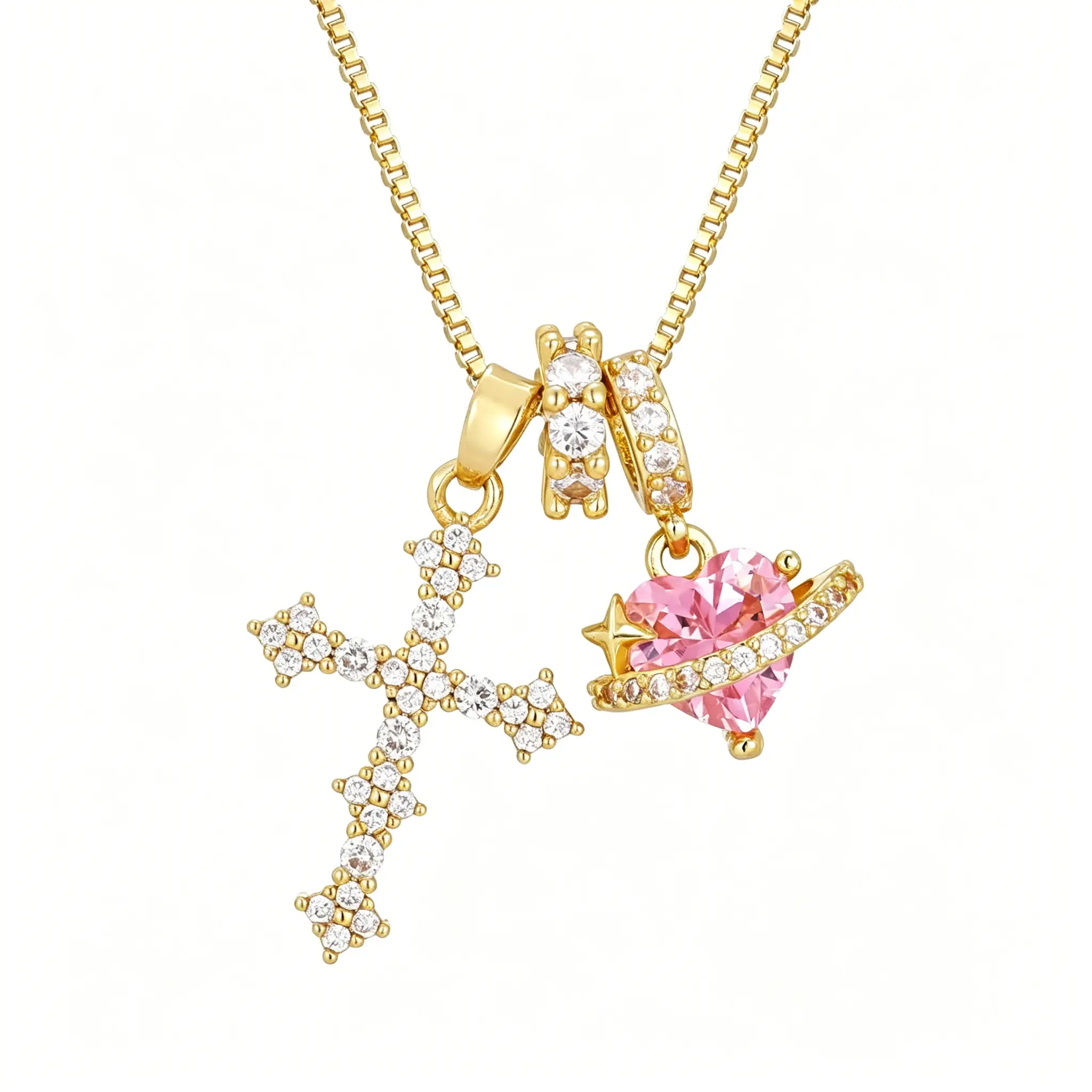 Rotunoe Gold Plated Charm Necklace for Women, Removable Heart, Planet & CZ Cross Pendant Necklace, Layered Y2K Jewelry Gift for Her