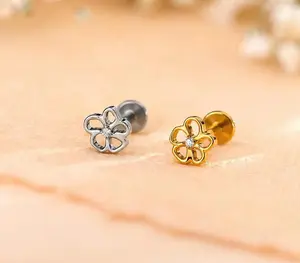 Titanium Labret Stud Earring, Nose Stud, Conch/Tragus/Helix/Cartilage Stud, Flat Back earring, Women Earring, gold stud, gold plated nose piercing studs, Hypoallergenic earring