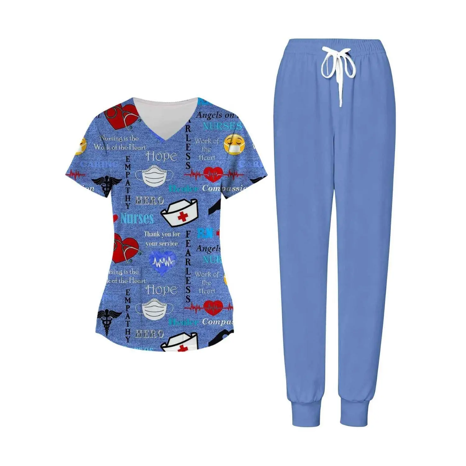 Women's Nurse-Themed Two-Piece Scrub Set – Top and Pants with Prints, Perfect for Nurses' Day, Comfortable Stretch Fabric for Work and Casual Wear