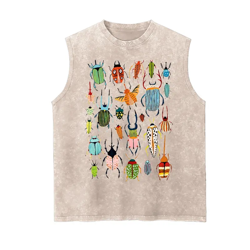 Men's Graphic Beetle Print Pure Cotton Tank Top Vest - Menswear, Distressed Vintage Garment-Washed, Drape Loose Crew Fit, Soft Heavyweight Streetwear Vest