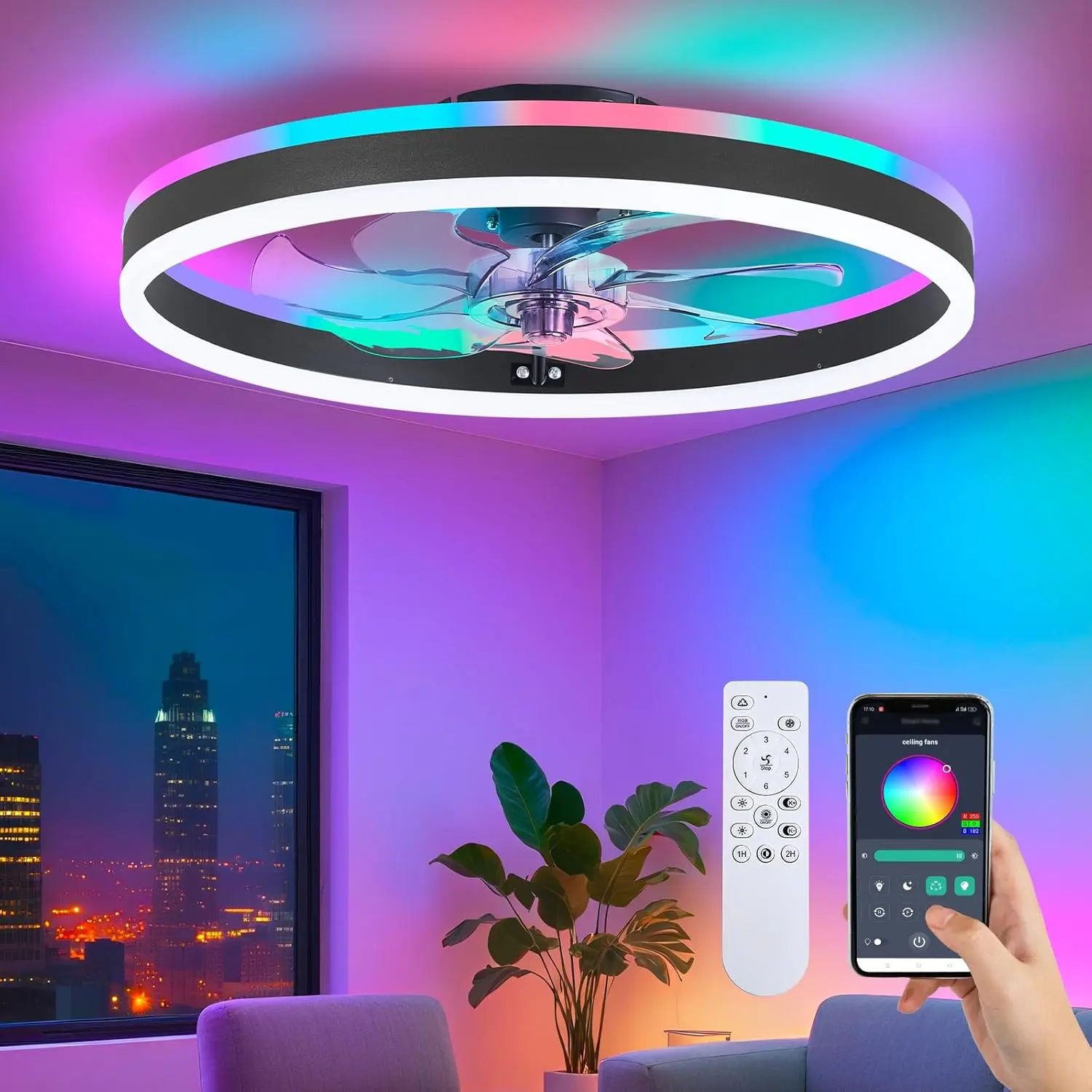 RGB Ceiling Fan with Light, 20'' Low Profile Ceiling Fans, Black Flush Mount LED Fan Light with Remote Control, Modern Bladeless Fandelier for Bedroom, Living Room, Kitchen