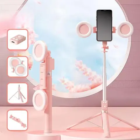 Multifunctional Retractable Smartphone Selfie Stick with 2 Beauty Fill Lights, Bluetooth Remote Control, Portable Adjustable Tripod for Vlogger Life, Live Streaming, Phone Videography & Camera Accessories