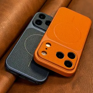 Luxury Retro Faux Leather Instantly Transformed 17Pro Magnetic Wireless Charging Case for Iphone 13 14 15 16 17 Pro Max Air Promax Camera Protection Soft Frame Business Shockproof Back Cover