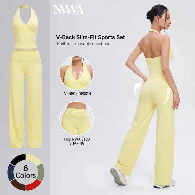 Women's 2-Piece Stretchy Everyday Active Workout Set - V-Neck Halter Top & High-Waisted Flare Leggings, NVWA Mother's Day Gift, Gym Training Attire, Pilates Athleisure Outfit, Back to School Essential