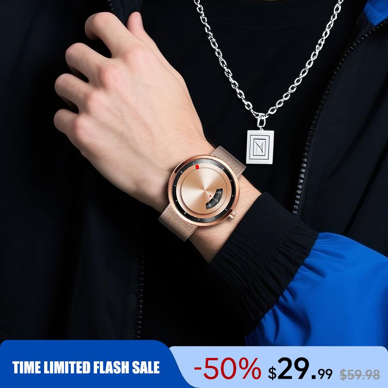 Trendy Round Dial Leather Strap Quartz Watch