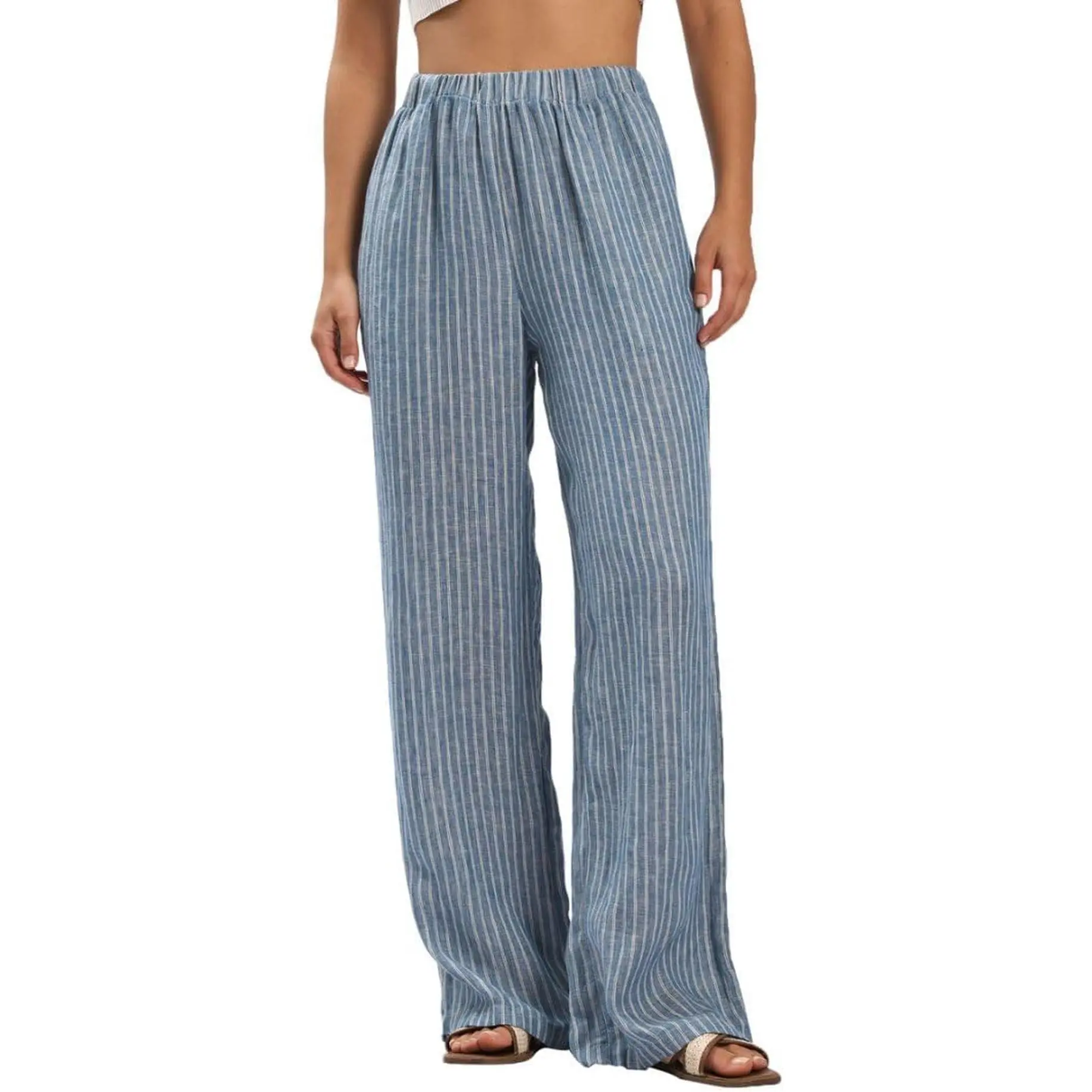 Women'S 100% Linen Summer Casual Elastic Waist Stripes Wide Leg Pants