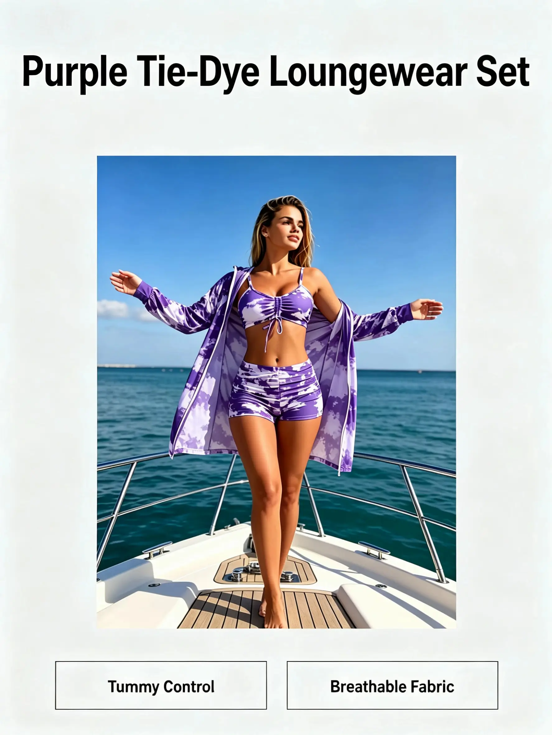 Women's 3-Piece Purple Tie-Dye Bathing Suit Set: Sporty Stretch Fabric with Crop Top, High-Waist Boyshorts & Hooded Longline Cover-Up, Printed Bikini Set, Bathing Suits, Sun Protection, High Waisted, Sporty Chic, Bikini Bottom Set, Stretchy Swimsuit Bikin