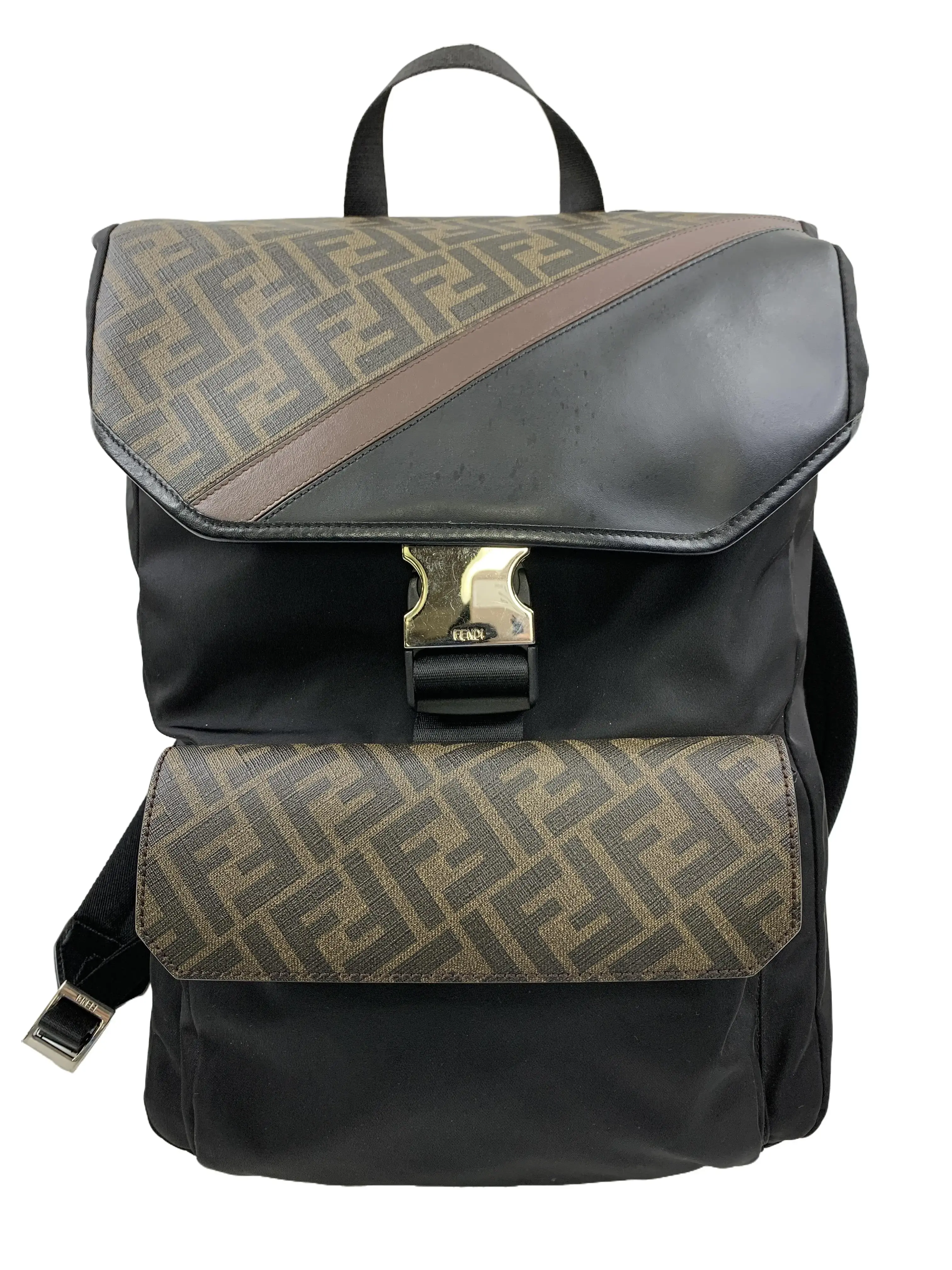 Pre-owned FENDI Black Nylon & Brown FF Monogram Canvas Backpack/EE04420532