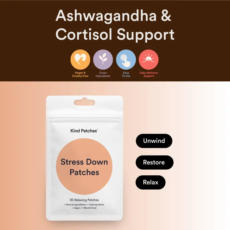 Kind Patches | Stress Down Patches | 30 Ashwagandha patches: cortisol support, natural ingredients, calming herbs, vegan, 1 month pack