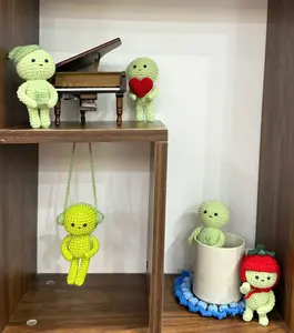 Handmade Amigurumi Smiski Collection –  Plush Dolls with Tomato Hat, Heart, Cup & Swing – Whimsical Yarn Decor for Desk, Hanging Car, Gift or Shelf
