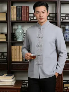 Men's New Chinese Tang Suit, Light Embossed Fortune Longevity Embroidery Stand Collar Button Long Sleeve Shirt Jacket, Business Casual Chinese Style