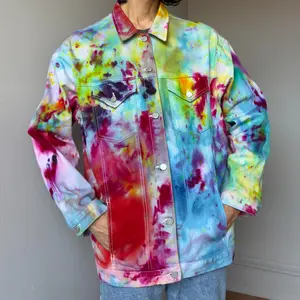 Women’s  XXL Rainbow Denim Jacket collared button up coat Tiedye