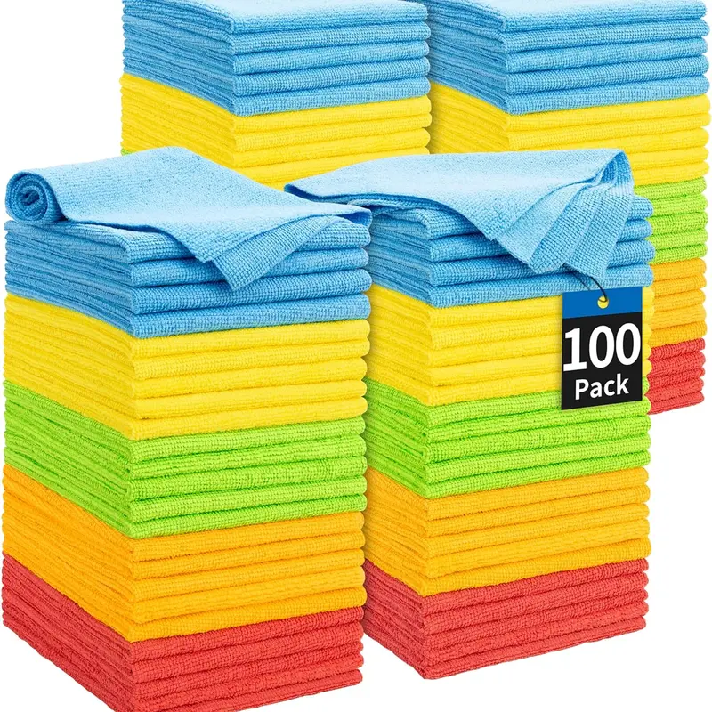 Microfiber Cleaning Cloths Bulk (100 Pcs, 11.5"x11.5" Assorted Colors) - 87% Polyester, Plush Soft, Absorbent, Lint-Free, Reusable, Seamless Edge, Car Wash Microfiber Towel, Microfibercloth, 8x Moisture Soak, 8 Times Weight, for Car, Home, Office Ready