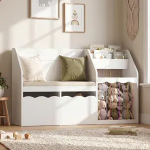 HAUOMS 50" Kids Bookshelf with Storage, Reading Nook, Toy Storage Organizer, 4-in-1 Bookcase with Padded Bench, 2 Removable Bins,Low Center of Gravity & Rounded Edges, Living Room (White)