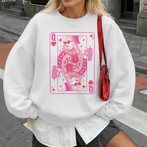 Valentines Queen of Hearts Sweatshirts Pink Queen of Heart Playing Card Love Pullover Casual Womens Crewneck Sublimation Top
