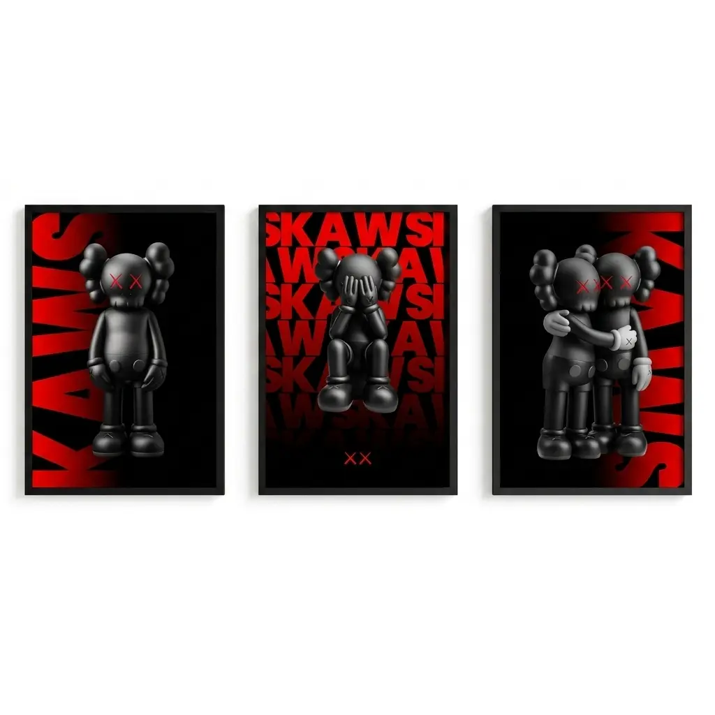 Set of 3 (No Frame), 12 x 18 inch Set of 3 Red KawLying Down Wall Art Posters, Hypebeast Decor Prints #609 Modern Abstract Art Epoxy Wall Art Matte