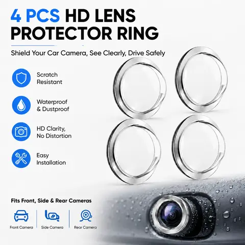 4PCS Car Camera Lens Protector Rings, HD Clear Scratch-Resistant Camera Covers, Waterproof & Dustproof Guards for Front, Side and Rear Vehicle Cameras, Easy Installation-YY